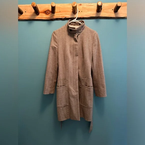 Zara mid-length tweed herringbone wool winter coat - long, oatmeal brown - Picture 3 of 16